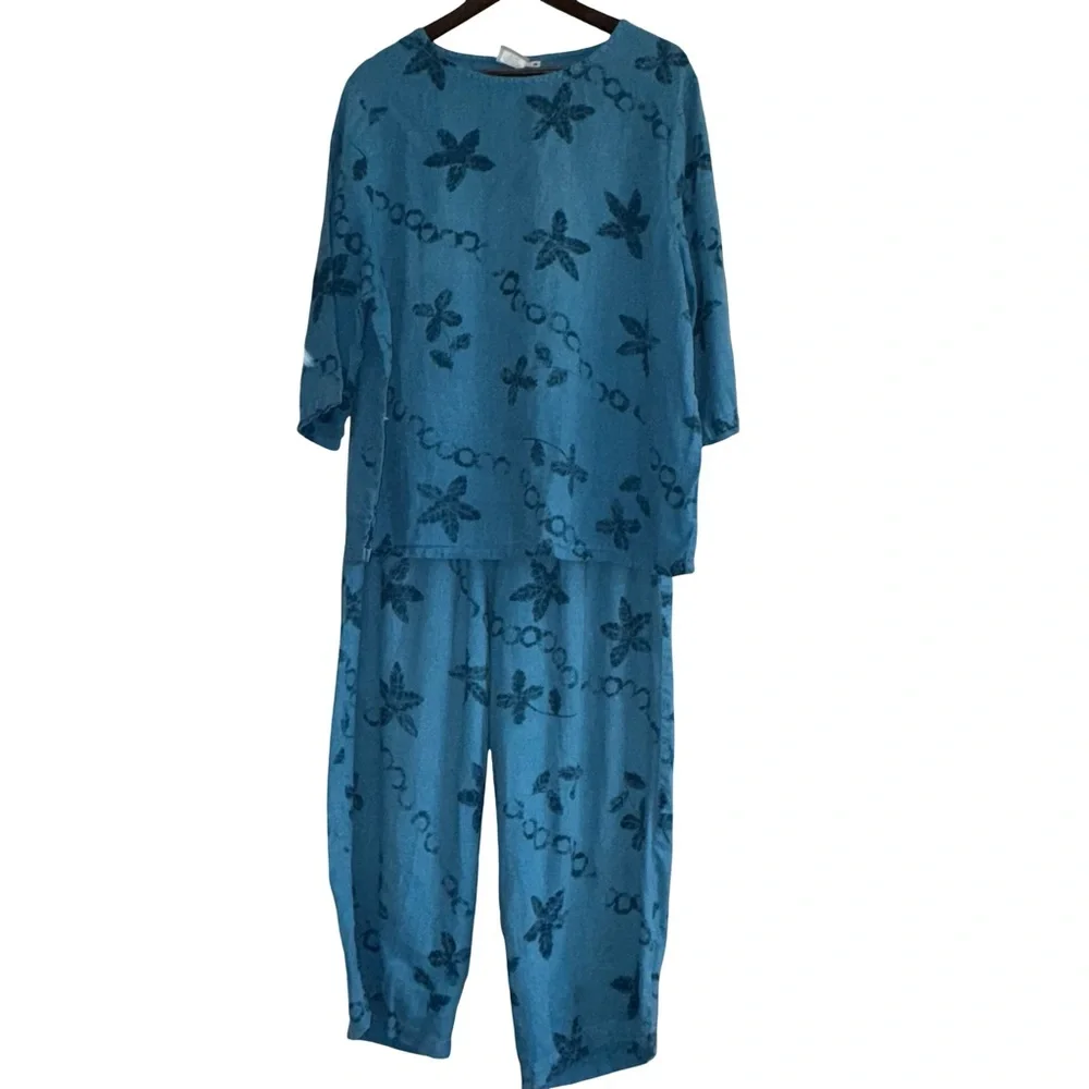 Hot Cotton Woman 2X Artsy Floral linen Lounge Set Beachy Lagenlook Top Pants - Picture 2 of 5